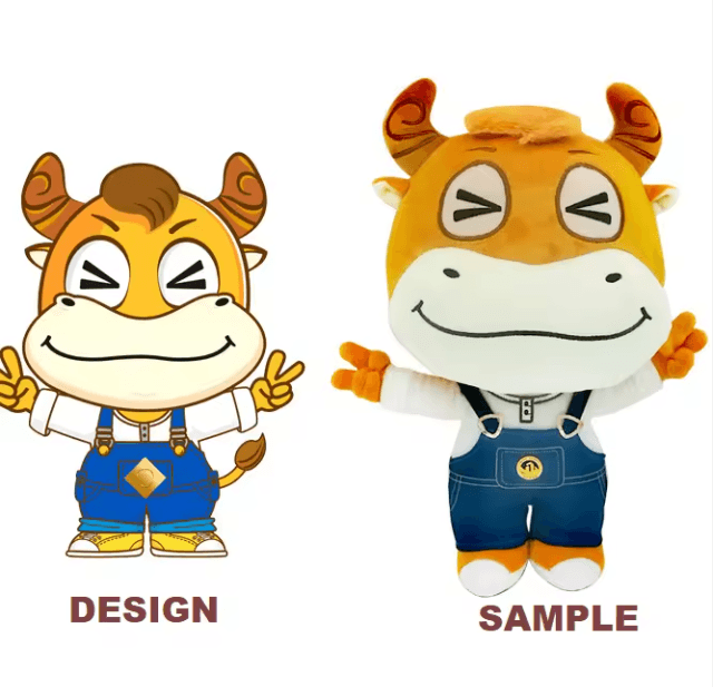 Character design next to the finished plush sample