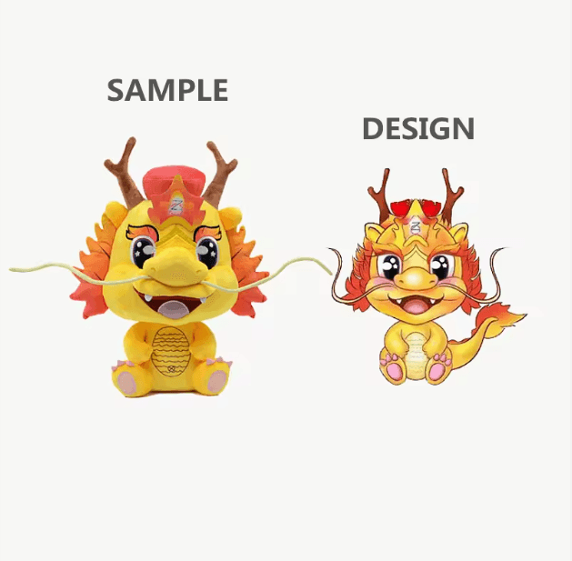 Character design next to the finished plush sample