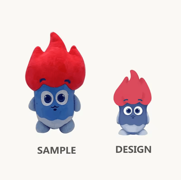 Character design next to the finished plush sample