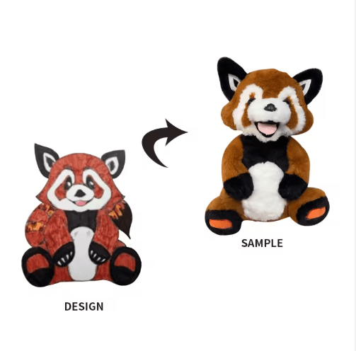 Character design next to the finished plush sample