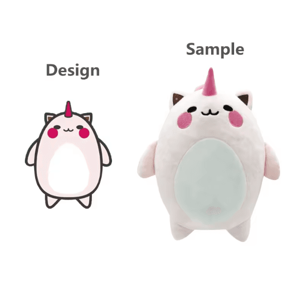 Character design next to the finished plush sample