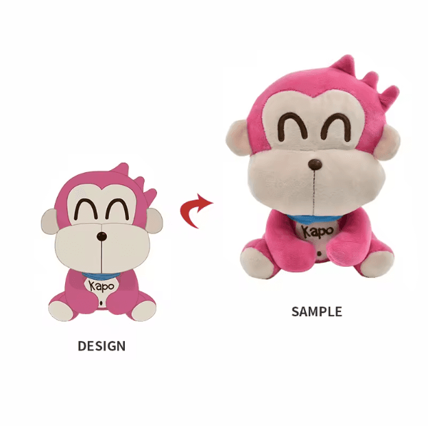 Character design next to the finished plush sample